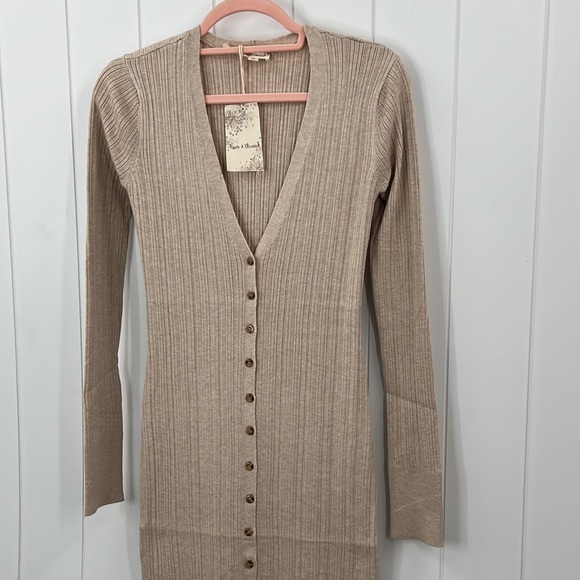 🆕Hem & Thread Ribbed Dress Longline Duster Cardigan Sweater Dress Khaki Color - Picture 5 of 9